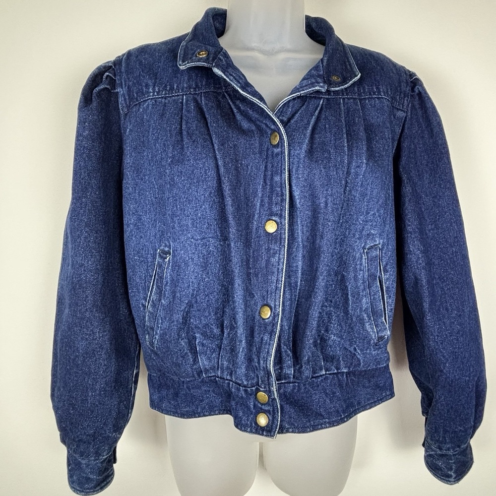 Vintage Women Denim Bomber Jacket M Blue Cotton Pockets Lined Balloon Sleeve 80s